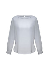 Ladies Madison Boatneck Blouse in Silver Mist, size 20, featuring elegant boatneck detail and versatile roll-up sleeves.