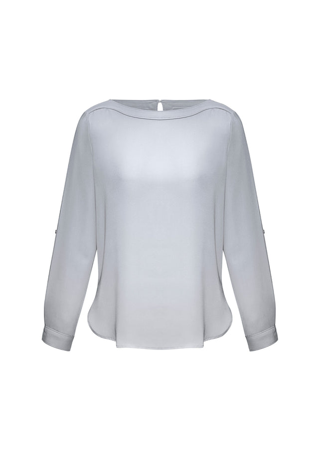 Ladies Madison Boatneck Blouse in Silver Mist, size 20, featuring elegant boatneck detail and versatile roll-up sleeves.