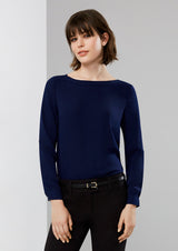 Midnight Blue Ladies Madison Boatneck Blouse for size 22, featuring a stylish boatneck, roll-up sleeves, and a flattering drape.