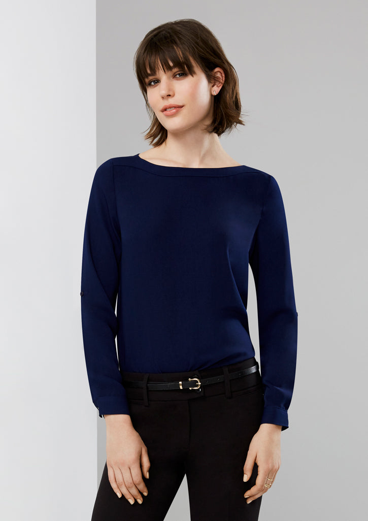 Ladies Madison Boatneck Blouse in Midnight Blue, size 26, featuring wrinkle-resistant fabric and versatile roll-up sleeves.