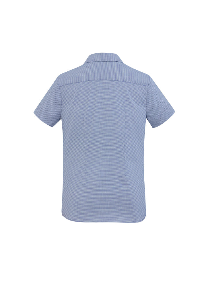 Ladies Jagger S/S Shirt in French Blue, size 12; features soft cotton blend, micro houndstooth, tailored fit, wrinkle-resistant.