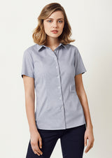 Ladies Jagger Short Sleeve Shirt in silver, size 10, featuring elegant houndstooth fabric and a flattering fit for versatile styling.