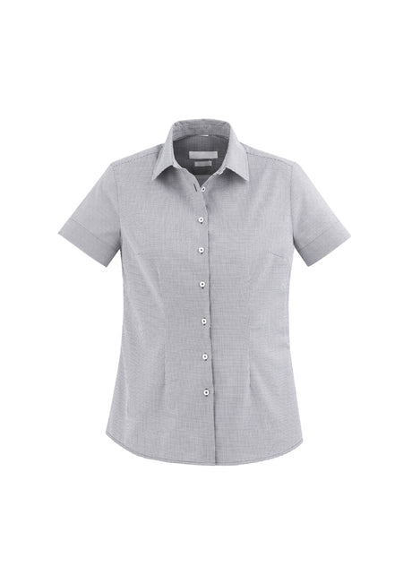 Silver Ladies Jagger S/S Shirt in Size 14, featuring a chic micro houndstooth pattern and wrinkle-resistant fabric.