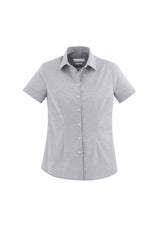 Ladies Jagger S/S Shirt in Silver, Size 24 with elegant micro houndstooth pattern and wrinkle-resistant fabric.