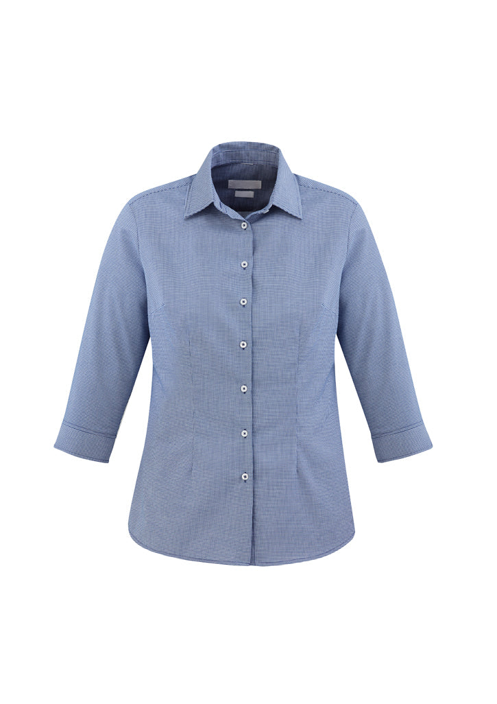 Ladies French Blue Jagger ¾ sleeve shirt, size 16, showcasing houndstooth design and a flattering tailored fit.