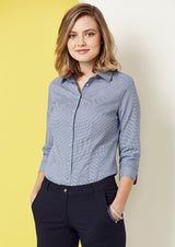 Ladies Jagger Silver Shirt in Size 14 features a chic micro houndstooth design, bust darts, and wrinkle-resistant fabric.