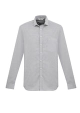 Men's 2XL silver Jagger long sleeve shirt with modern collar, chest pocket, and wrinkle-resistant houndstooth fabric.