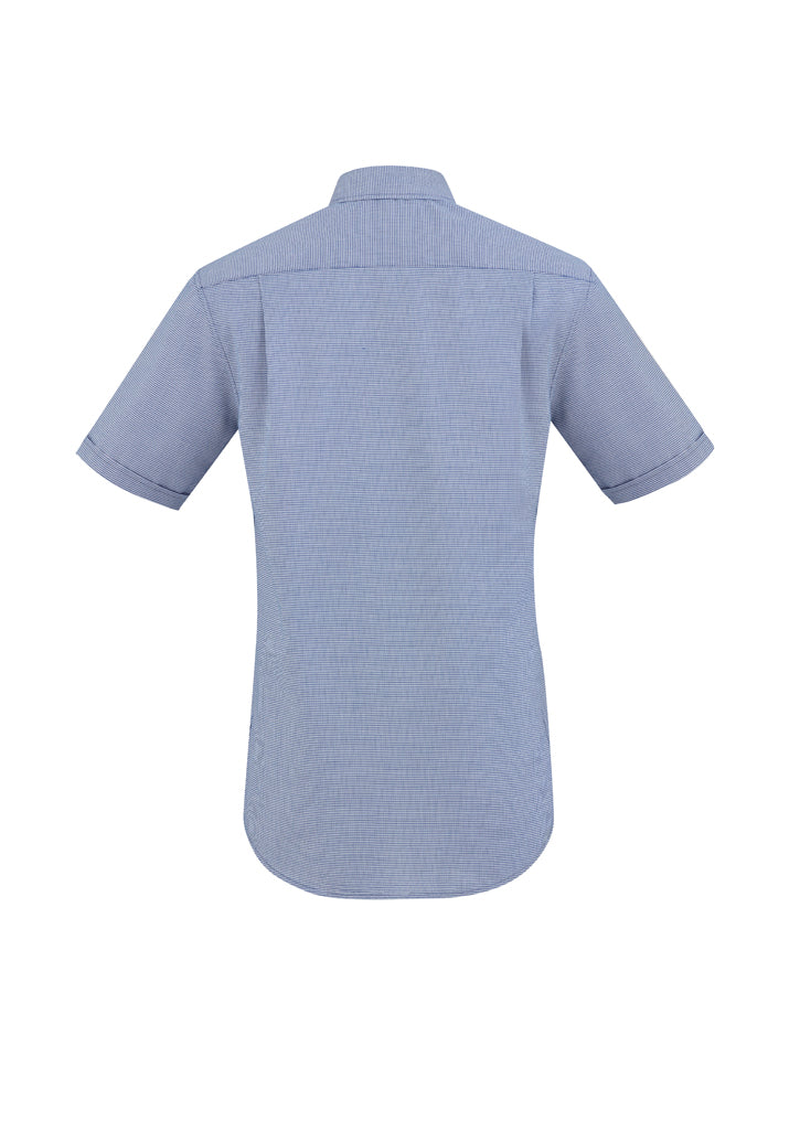 Mens Jagger Shirt in French Blue, XS size, featuring a modern collar, chest pocket, and a stylish micro houndstooth pattern.