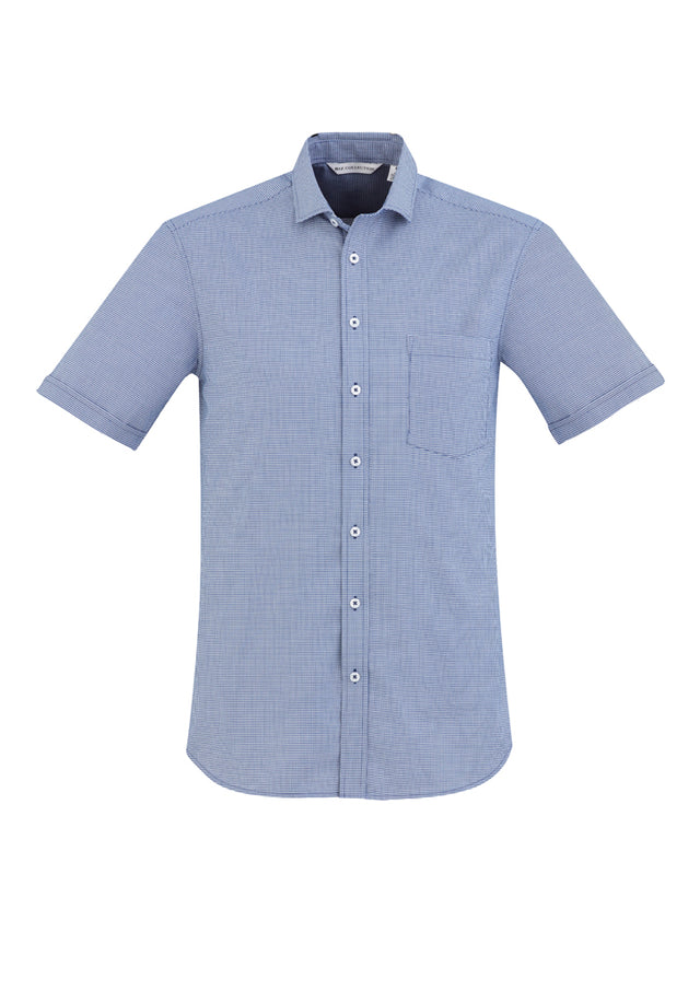 Mens Jagger Shirt in French Blue, size S, featuring yarn-dyed micro houndstooth, modern collar, and chest pocket.