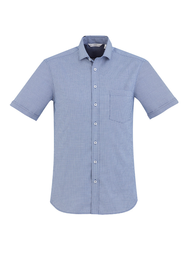 Mens Jagger Shirt in French Blue, XS size, featuring modern collar, chest pocket, and micro houndstooth pattern for style and comfort.