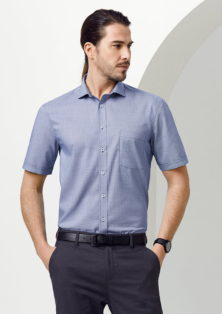 Stylish Mens Jagger Shirt in French Blue, XS, featuring micro houndstooth, modern collar, and practical chest pocket.