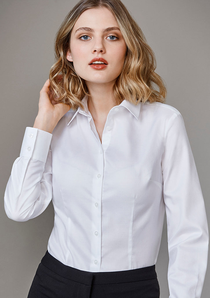 Ladies Regent Long Sleeve Shirt in White, Size 12, featuring premium cotton, herringbone weave, and elegant waist shaping.