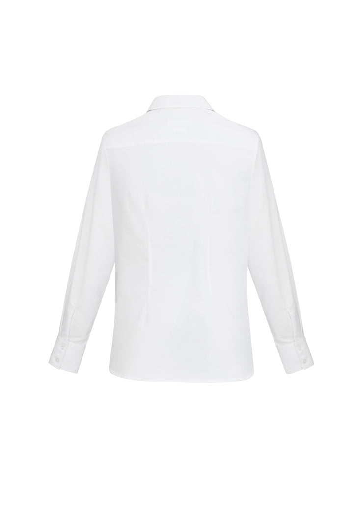 Elegant white Ladies Regent Long Sleeve Shirt in size 16, featuring 100% cotton, wrinkle resistance, and flattering design elements.