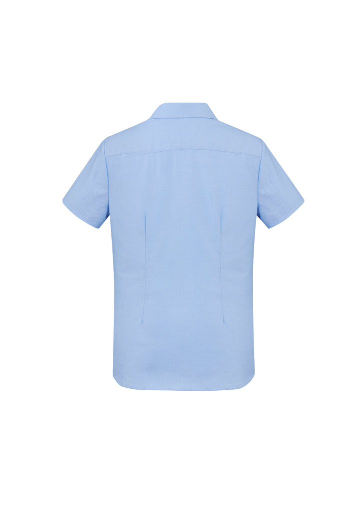 Ladies Regent S/S Shirt in blue, Size 8, featuring wrinkle-resistant cotton and flattering fit with bust darts and waist shaping.