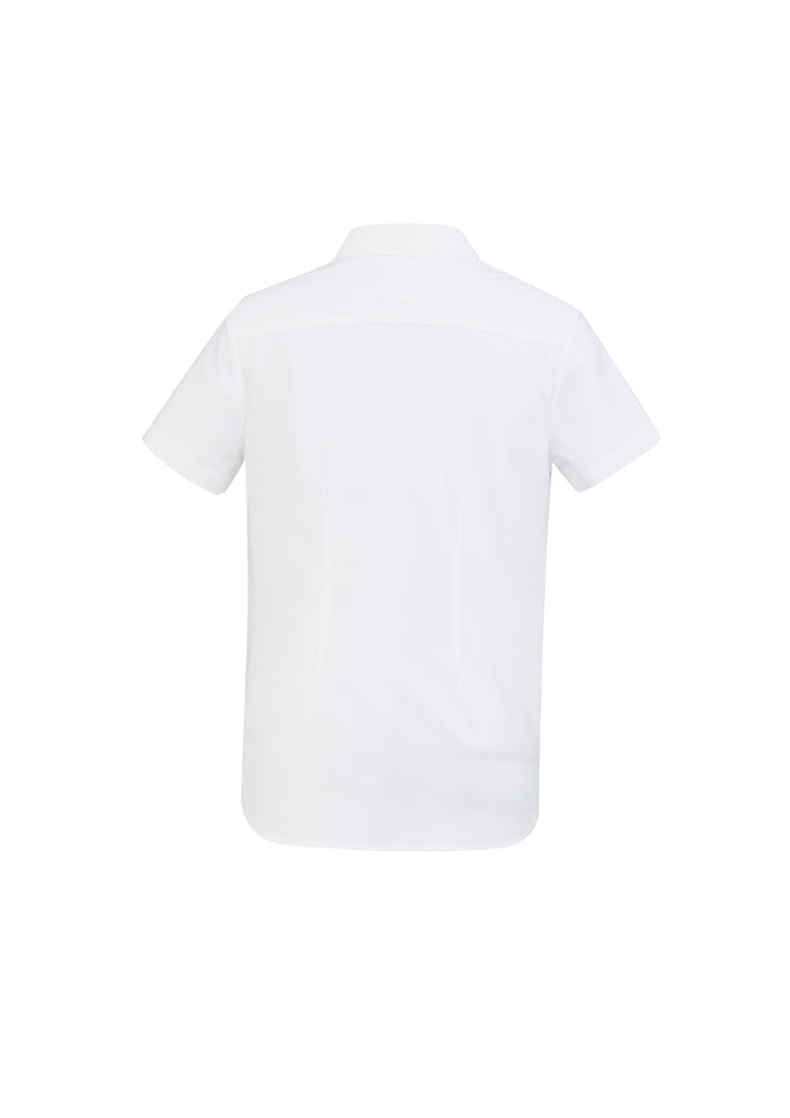 Ladies Regent S/S Shirt in white, size 18, featuring wrinkle-resistant cotton, bust darts, and versatile styling options.