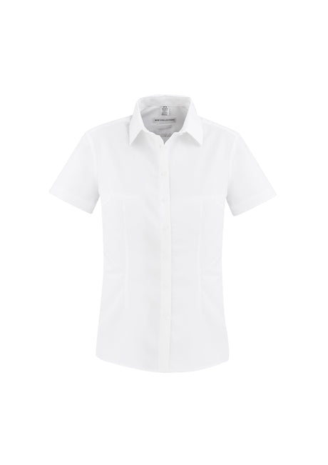Ladies Regent S/S Shirt in white, size 12, featuring a sophisticated herringbone weave and wrinkle-resistant 100% cotton fabric.