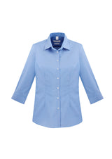 Ladies Regent blue S/S shirt in size 24, made of wrinkle-resistant cotton with a flattering fit and herringbone weave.