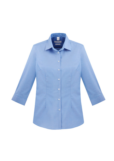 Ladies Regent blue S/S shirt in size 24, made of wrinkle-resistant cotton with a flattering fit and herringbone weave.