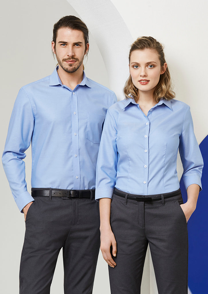 Blue Ladies Regent ¾ Sleeve Shirt, Size 8, made from wrinkle-resistant cotton with a tailored fit for professional style.