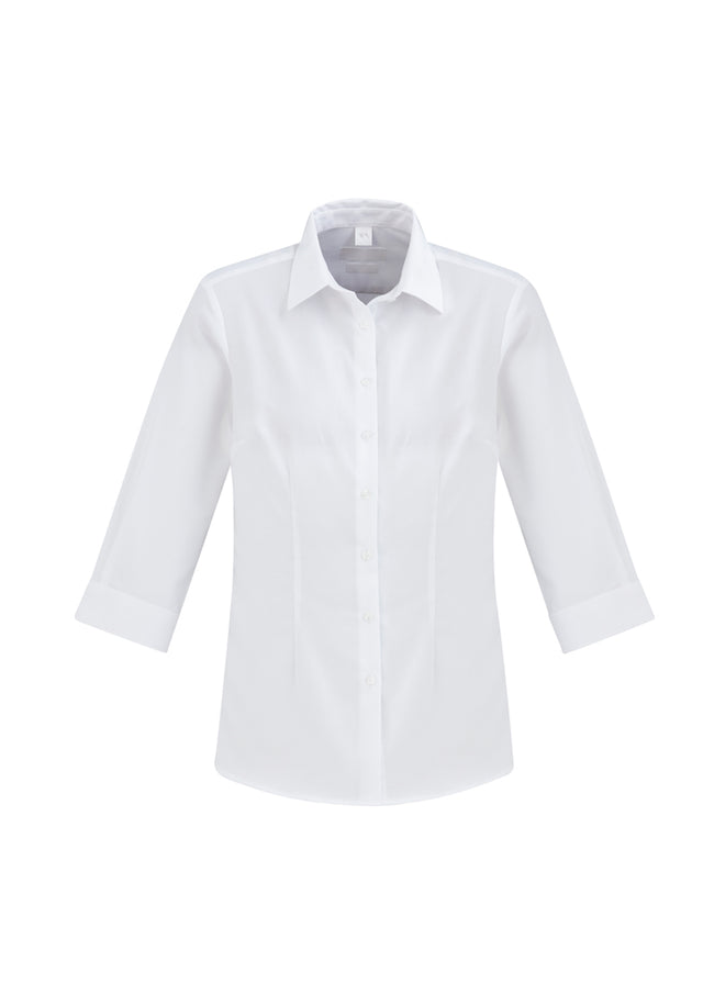Ladies Regent ¾ Sleeve Shirt in white, size 14, crafted from wrinkle-resistant cotton with elegant herringbone weave.