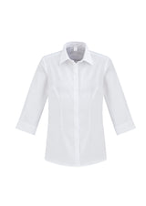 Ladies white short sleeve shirt in size 16, featuring a herringbone weave, bust darts, and wrinkle-resistant fabric.