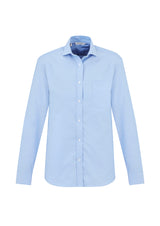 Men's Regent L/S Shirt in blue, size XS, featuring a herringbone weave, wrinkle-resistant cotton, and adjustable cuffs.