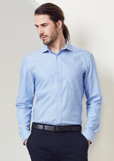 Men's Regent long-sleeve shirt in blue, size XS, featuring a subtle herringbone weave and wrinkle-resistant cotton fabric.