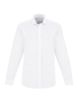 Men's Regent Long Sleeve Shirt in white, size L, featuring a tailored fit, herringbone weave, and adjustable cuffs for versatile style.