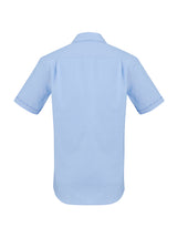 Stylish blue Mens Regent S/S Shirt by Biz Collection in size 3XL, made from wrinkle-resistant premium cotton with modern features.
