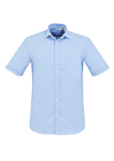Mens Regent S/S Shirt in blue, crafted from premium cotton with a modern collar, chest pocket, and adjustable cuffs, size XL.
