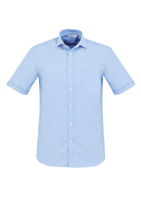 Men's blue Regent short sleeve shirt, made of wrinkle-resistant cotton, featuring a modern collar and chest pocket. Size M.