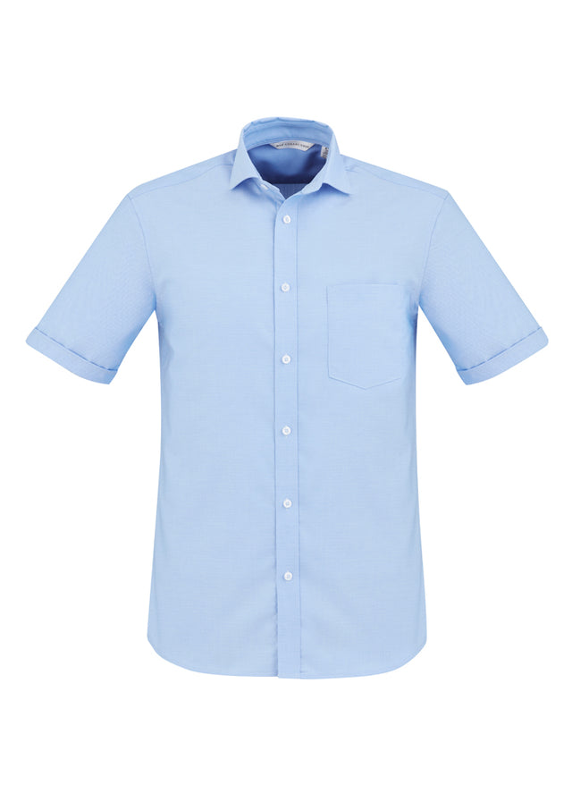 Men's blue short sleeve shirt from Biz Collection, size S, made of wrinkle-resistant cotton with herringbone weave and adjustable cuffs.