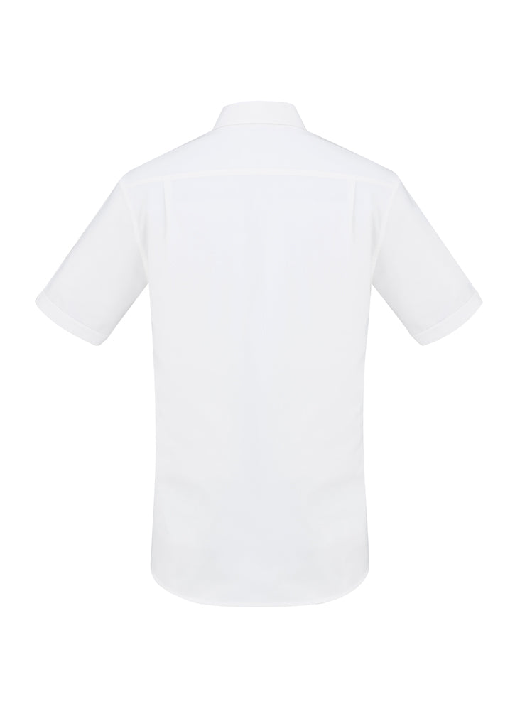 Mens Regent S/S Shirt in white, size XS, featuring a modern collar, chest pocket, and wrinkle-resistant premium cotton fabric.