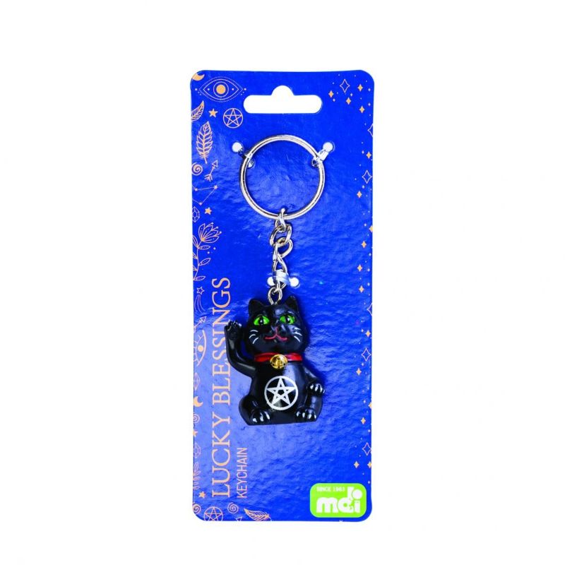 Set of 6 black cat keychains featuring vibrant green eyes, golden bells, and intricate pentacle designs for good luck.