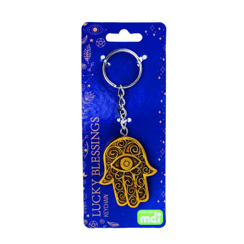 Set of 6 hand-painted Hamsa keychains featuring intricate designs and a metallic finish, symbolizing protection and good fortune.