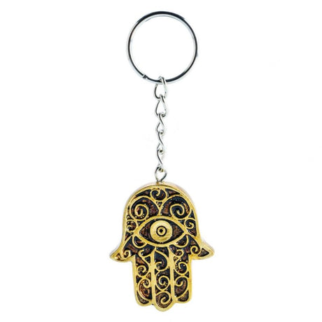 Set of 6 colorful hamsa hand keychains with metallic finish, symbolizing protection and style for everyday use.