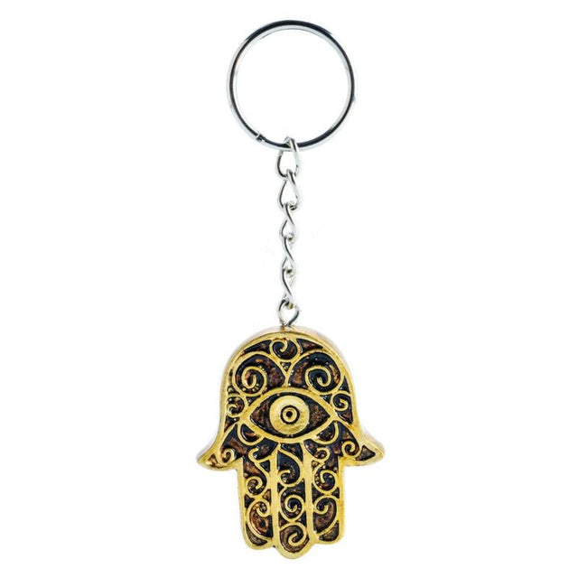 Set of 6 colorful hamsa hand keychains with metallic finish, symbolizing protection and style for everyday use.