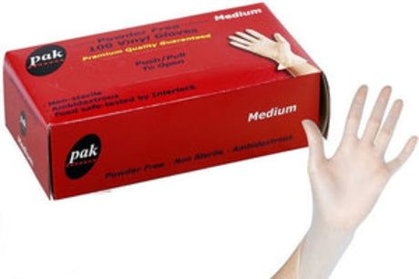 Medium disposable vinyl gloves in a 100-pack, offering hygienic protection, low powder, and ambidextrous design for versatile use.