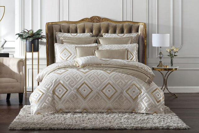 Luxurious Super King Duvet Cover Set in Santos Snow features gold Greek key motif on textured chenille, includes 2 pillowcases.