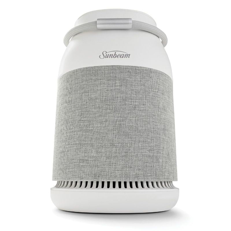 Sleek white Fresh Protect™ Air Purifier with 360° air intake, UV light, True HEPA filter, and adjustable settings for cleaner air.