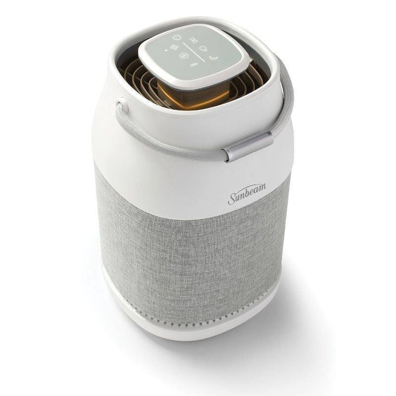 Sleek white Fresh Protect™ Air Purifier with 360° air intake, UV light, and True HEPA filter for cleaner indoor air.