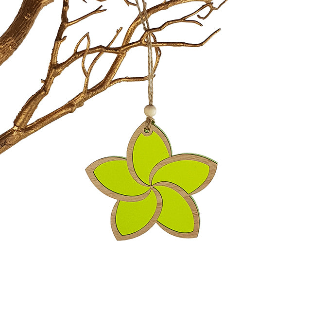 Lime green satin acrylic hanging ornament featuring intricate laser-cut bamboo design, 103mm, perfect for festive decor.