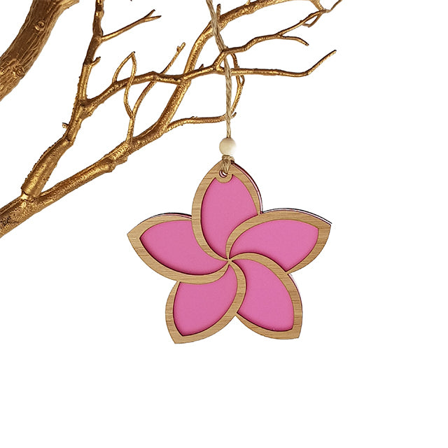 Pink satin frangipani hanging ornament, 103mm, laser-cut bamboo, elegant home decor accent, perfect for gifting.