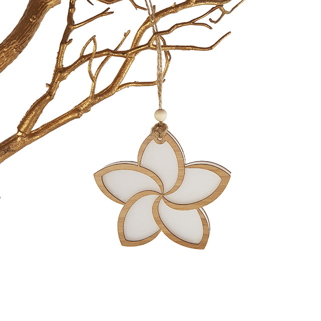 Elegant white satin Frangipani hanging ornament, 103mm, crafted from laser-cut bamboo, ideal for home decor and gifts.