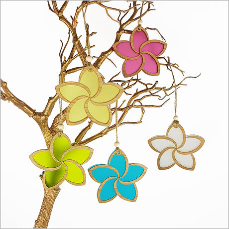 Bright yellow satin frangipani ornament, 103mm, crafted from laser cut bamboo, perfect for festive decor or gifting.