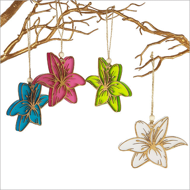 Lily lime green satin acrylic hanging ornament, 115mm, made of laser-cut bamboo, perfect for home decor and gifts.