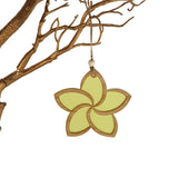 Yellow satin frangipani ornament with intricate laser-cut bamboo design, perfect for festive decor or thoughtful gifts.