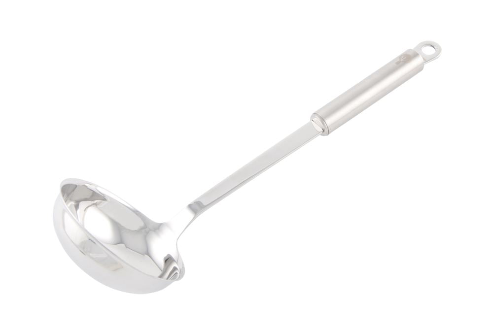 Premium stainless steel soup ladle with a polished finish, designed for effortless serving and easy cleaning, 31cm long.