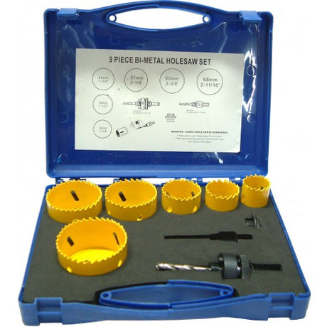 Holesaw set for plumbers with 9 bimetal saws (22mm-64mm) in a robust case, designed for precise and efficient cutting.