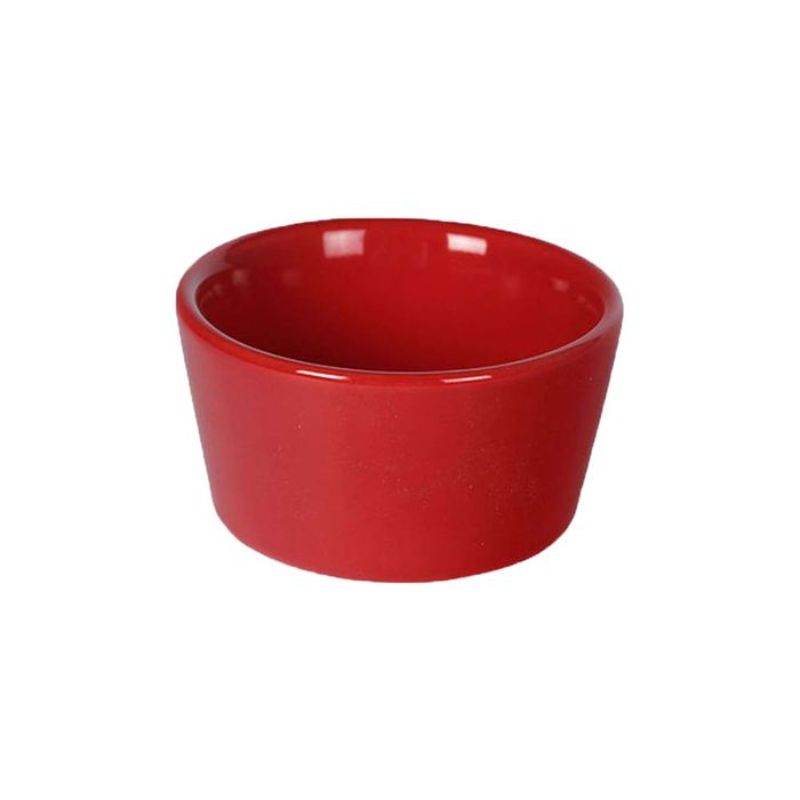 Small red stoneware ramekin (80ml) for baking and serving individual desserts and dips, microwave and dishwasher safe.